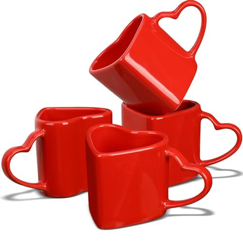 Domensi 4 Pcs Valentines Heart Shaped Mugs Red Heart Coffee Cup 11.8 oz Valentine‘s Day Ceramic Mug with Handle Love Tea Cup Gift for Romantic Valentines Wedding Anniversary Couple Lover Decoration | Amazon (US)