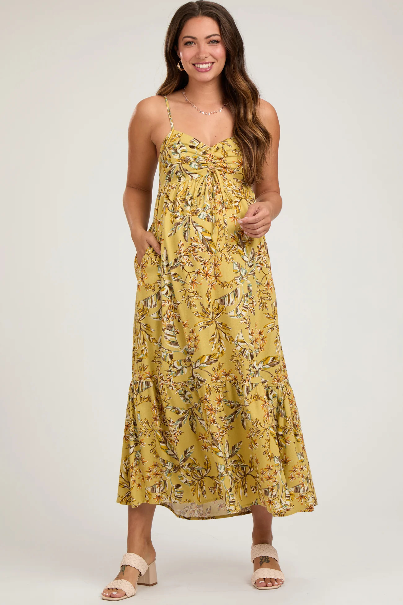 Lime Floral Sleeveless Front Cinched Maternity Midi Dress | PinkBlush Maternity
