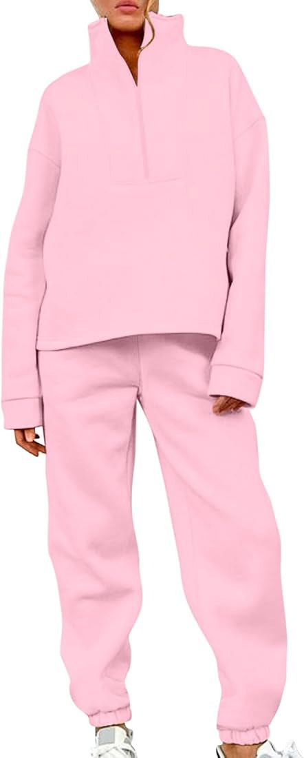 BAKREP 2023 Fall Women 2 Piece Outfits Sweatsuit Set Oversized Half Zip Sweatshirt Wide Leg Sweat... | Amazon (US)