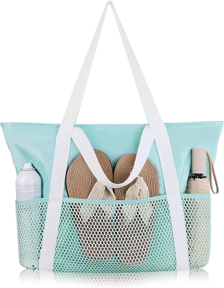 HOMESPON Beach Bag Large Waterproof Sandproof Foldable Tote for Women with Zipper Mesh Pockets fo... | Amazon (US)