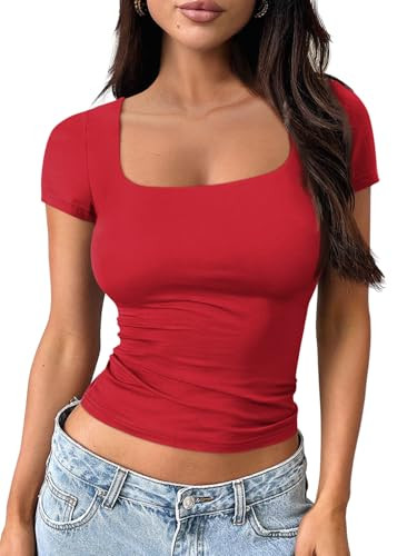 Trendy Queen Double Lined Tops for Women Square Neck Cute Going Out Short Sleeve Shirts Spring Su... | Amazon (US)
