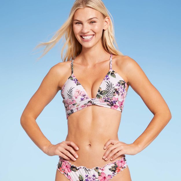 Women's Lightly Lined Twist-Front Plunge Bikini Top - Shade & Shore™ White Tropical Print | Target
