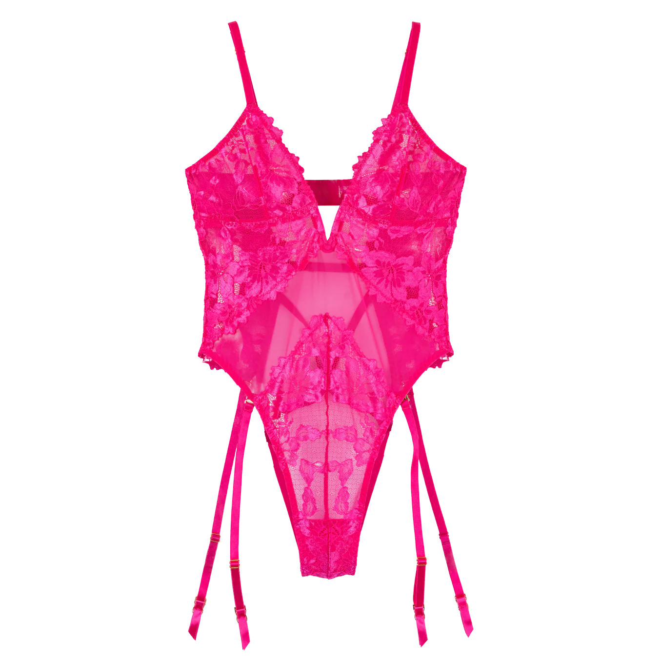 Lacy V-Plunge Teddy - Hot Pink | Mentionables