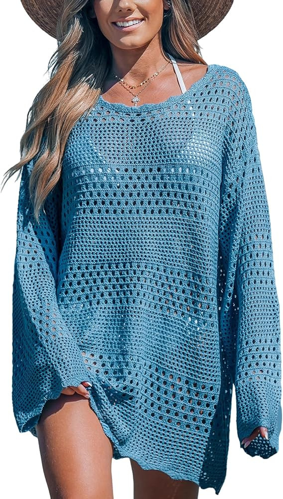 CUPSHE Women's Swimsuit Cover Up Crochet Bathing Suit Mesh Swimwear Knit Pullover Beach Dress | Amazon (US)