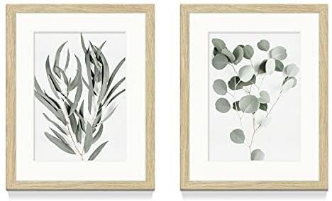 Minimalist Leaf Framed Wall Art Set of 2 Boho Nature Green Plant Leaf Picture Prints with Wooden ... | Amazon (US)