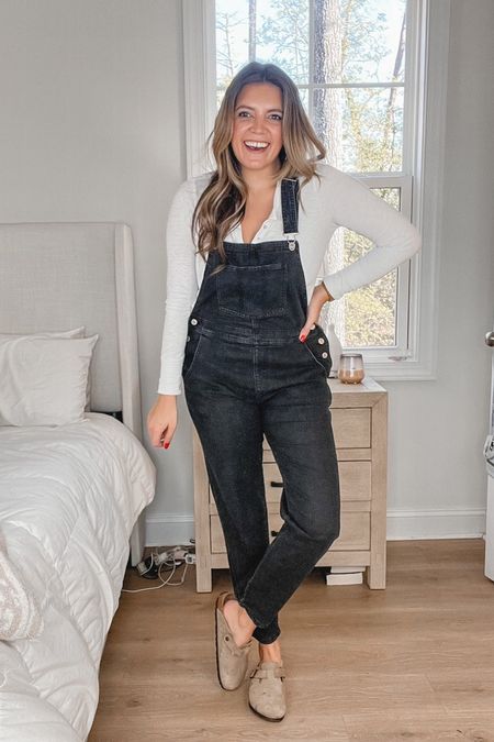 Casual outfit. Overalls. Washed black overalls are free people dupe. Look for less. Amazon find. TTS or size up for more oversized look. 

#LTKstyletip #LTKunder100 #LTKunder50