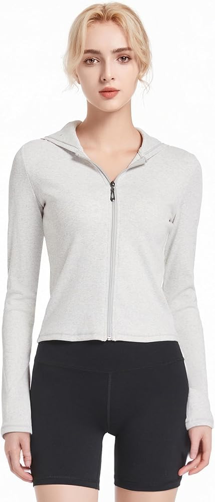 Ribbed Hoodies for Women Lightweight Full Zip Up Jackets Long Sleeves Tops Fitted Cropped Sweatsh... | Amazon (US)
