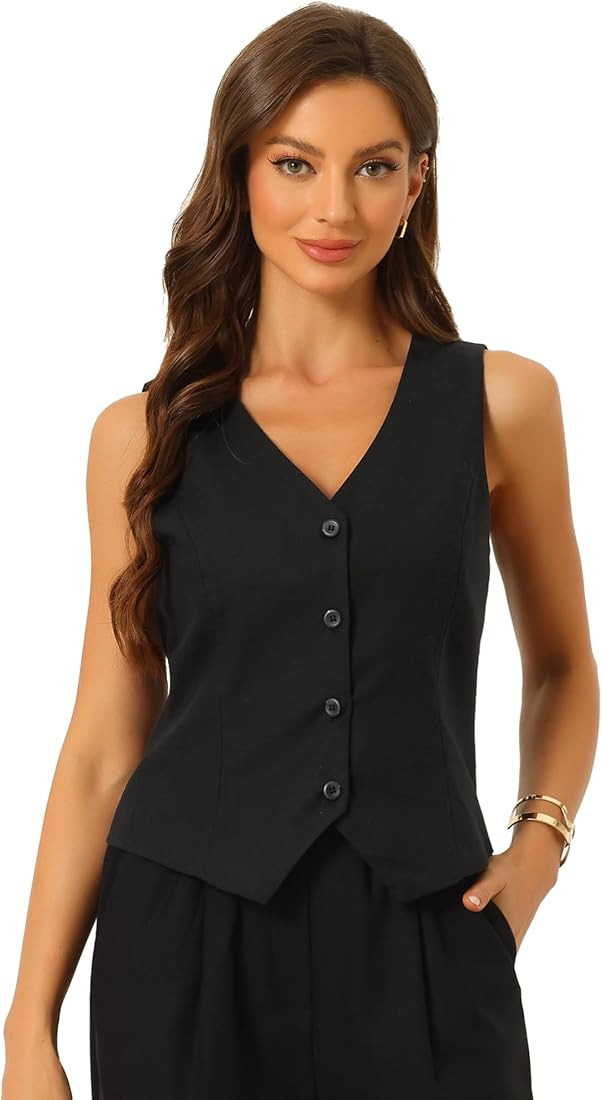 Allegra K Linen Vest Waistcoat for Women's Fashion Sleeveless Button Down V Neck Crop Top Summer ... | Amazon (US)