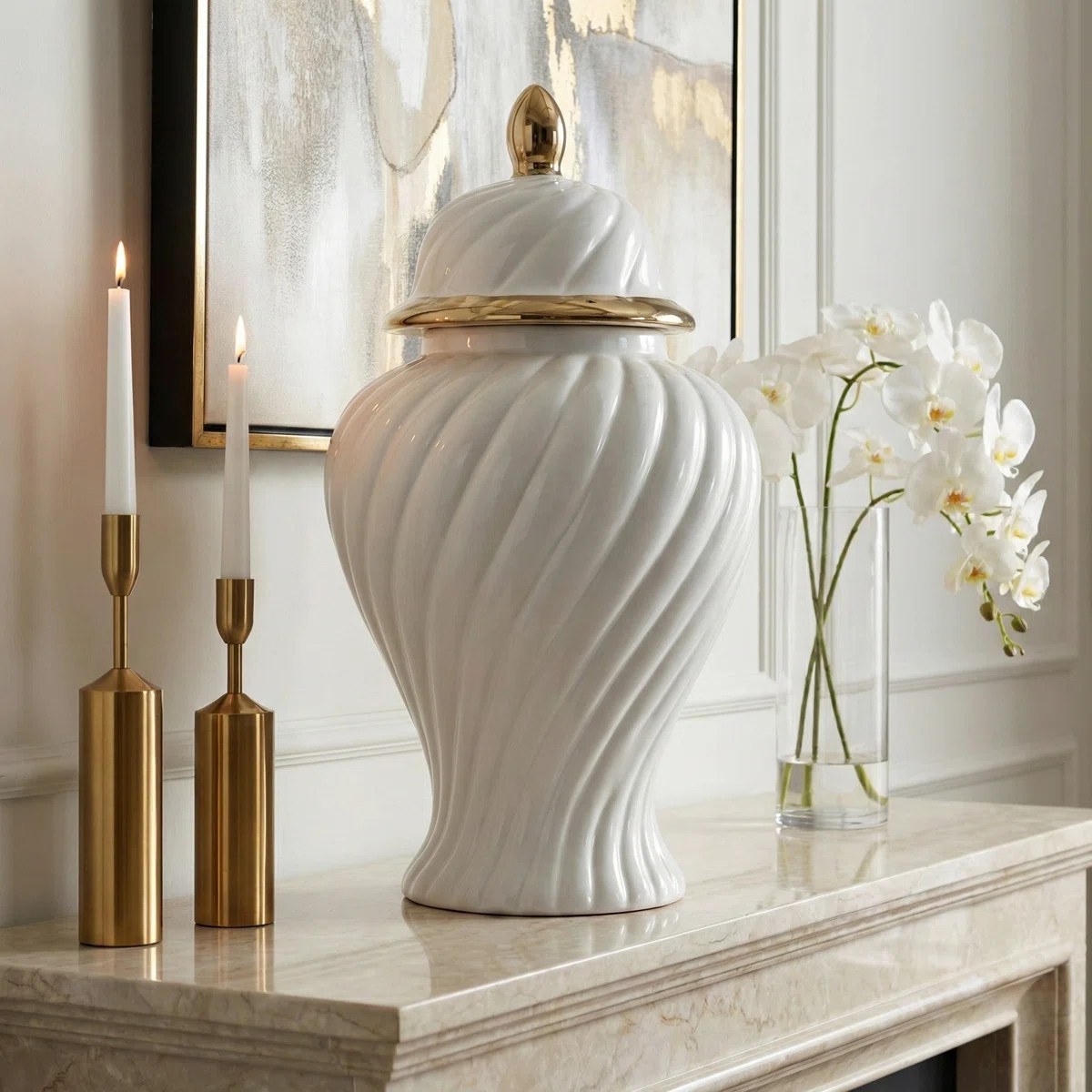 Decorative Ribbed Tall Ceramic Jar with Lid for Home Decor - Sculptural Swirled Table Jar Accent ... | Wayfair North America
