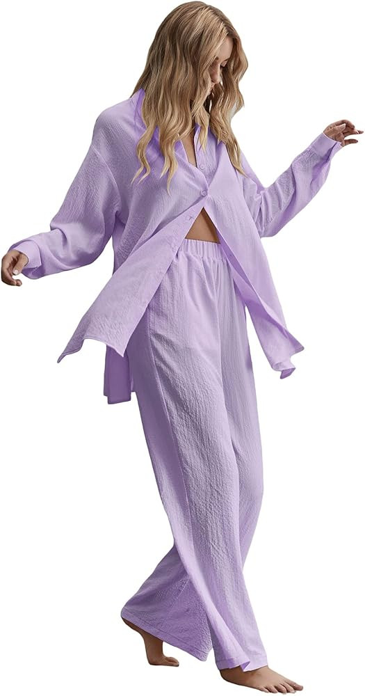 Floerns Women's 2 Piece Outfits Slit Hem Longline Blouse and Wide Leg Pants Set | Amazon (US)