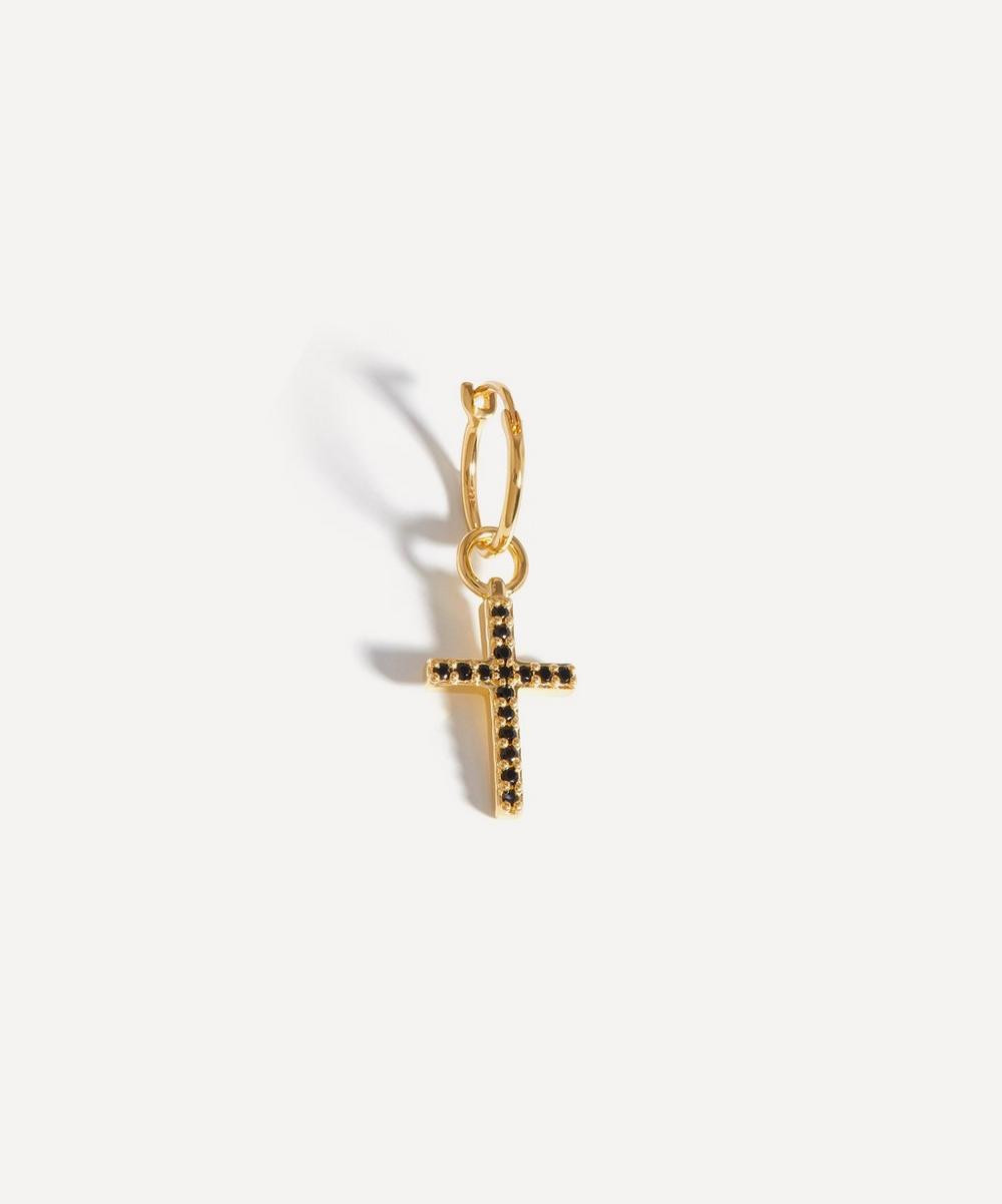 18Ct Gold Plated Vermeil Silver Black Spinel Pave Cross Single Hoop Earring | Liberty London (UK)