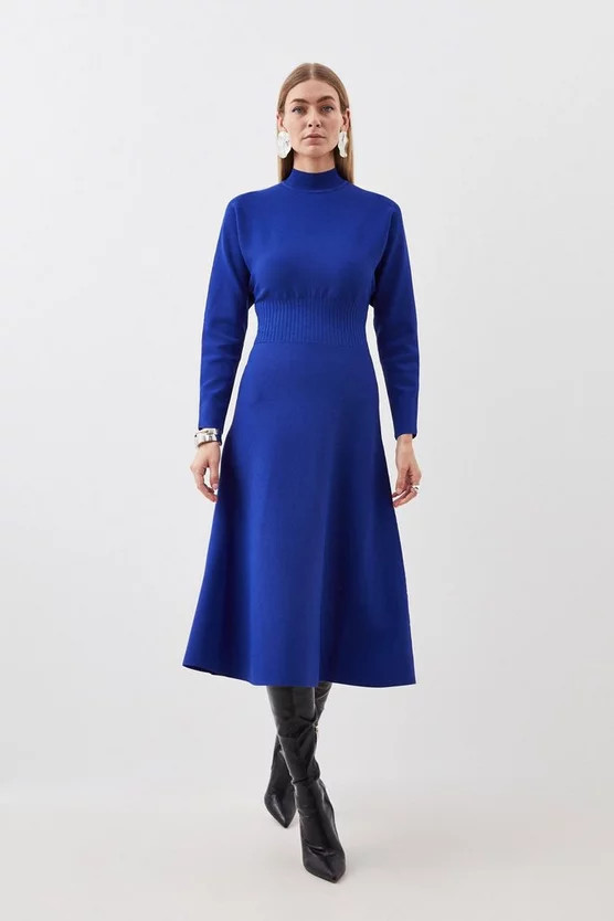 Premium Viscose Blend Body Contouring Cinched Waist Knit Batwing Dress | Karen Millen UK + IE + DE + NL