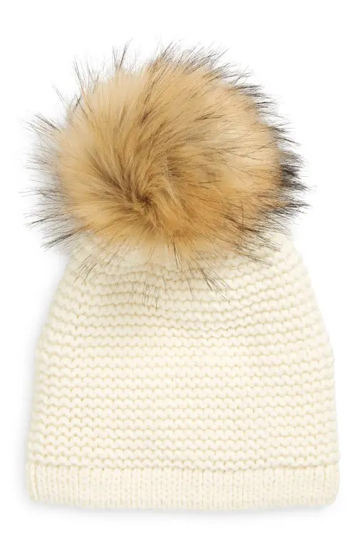 Kyi Kyi Wool Blend Beanie with Faux Fur Pom in White/Natural at Nordstrom | Nordstrom
