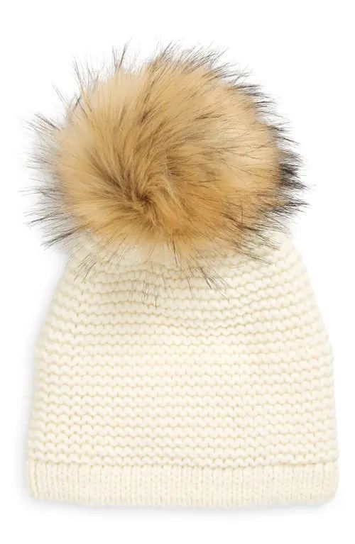 Kyi Kyi Wool Blend Beanie with Faux Fur Pom in White/Natural at Nordstrom | Nordstrom