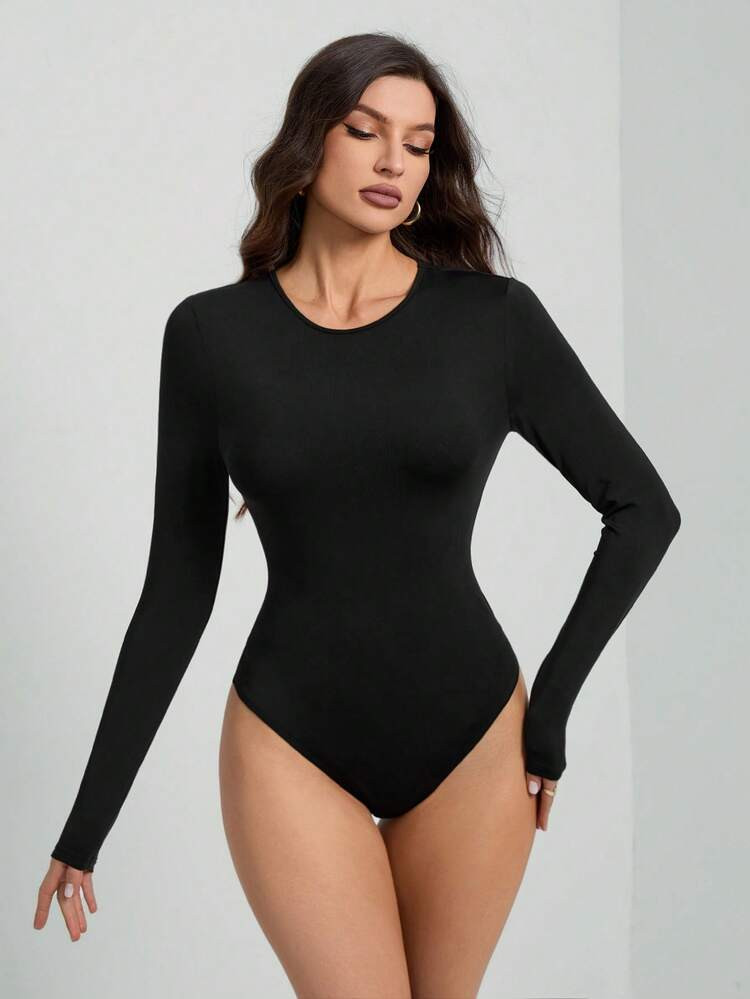 SHEIN Tall Solid Color Long Sleeve Slim Fit Black Bodysuit | SHEIN