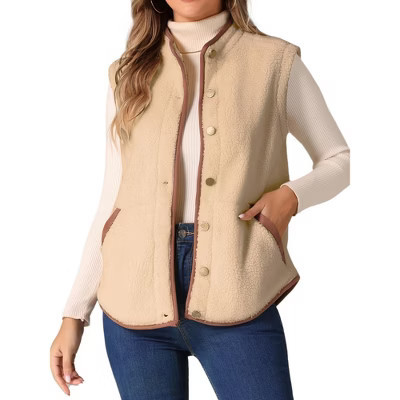 INSPIRE CHIC Women's Fleece Contrast Color Button Down Sleeveless Fuzzy Jacket Vest with Pockets Large Brown | Target