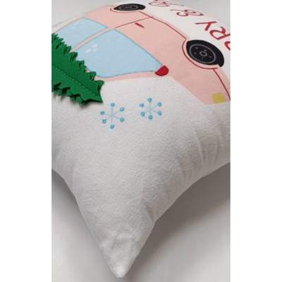 Merry and Bright Car Embroidered Christmas Square Throw Pillow White - Wondershop™ | Target