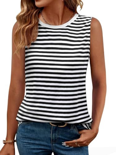 Black and White Striped Tank Top for Women Casual Loose Fit Summer Tops 2025 Crewneck Beach Vacation Tees High Neck Tanks Black/White L | Amazon (US)