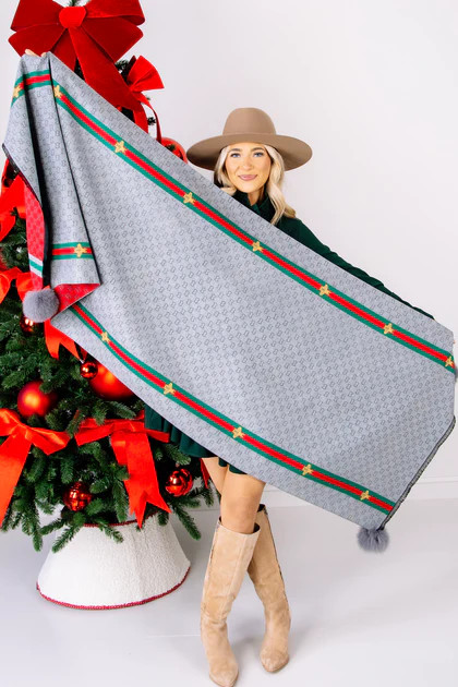 Mitchie's Donny Grey Woven with Fox Pompom Scarf | The Willow Tree