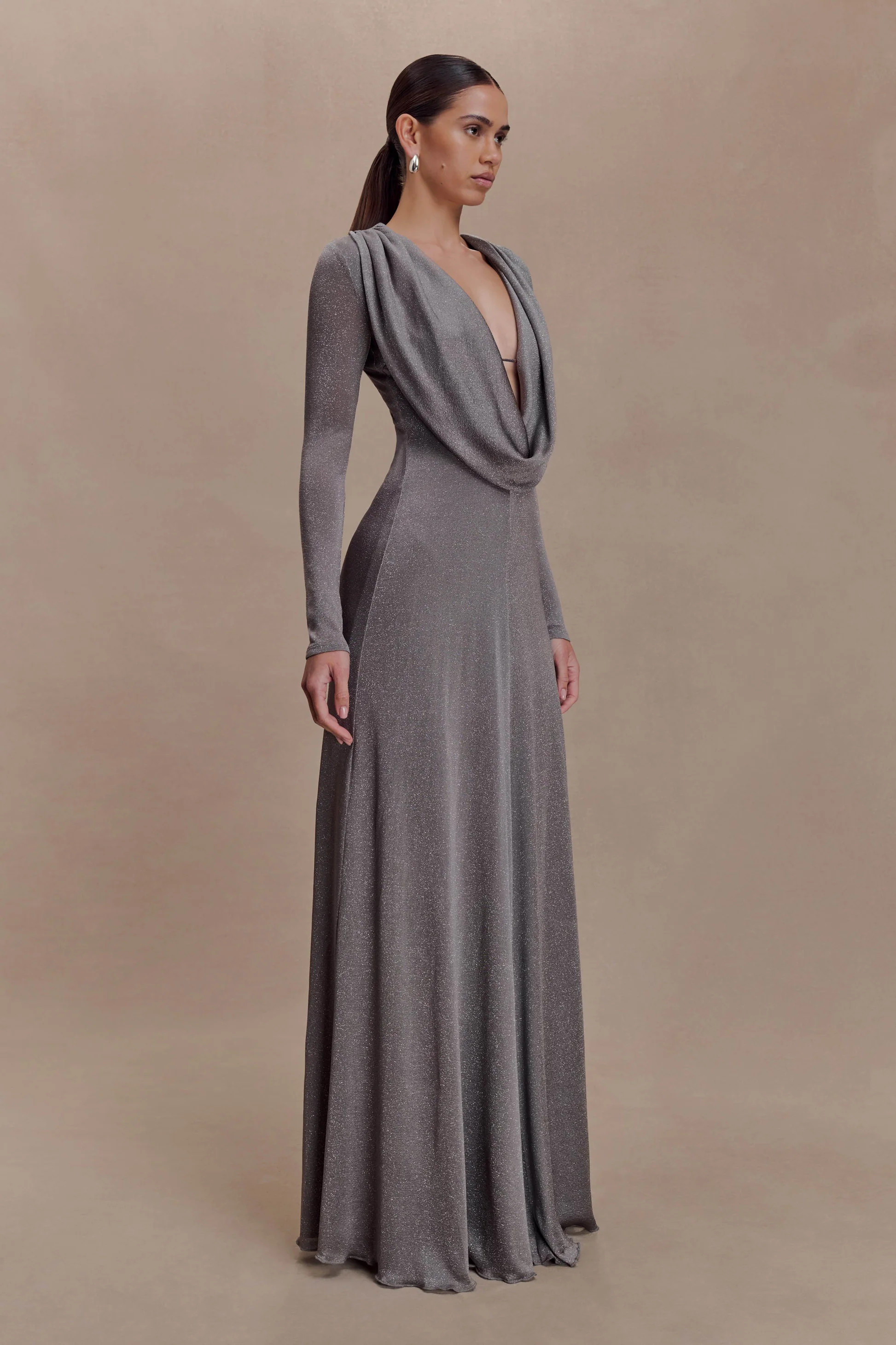 Lurex Cowl Maxi Dress - Silver | MESHKI US