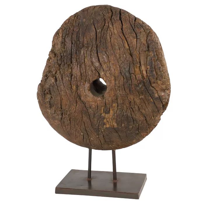 26" Water Chuck Wheel Reclaimed Wood Sculpture on Metal Stand Brown - Olivia & May | Target