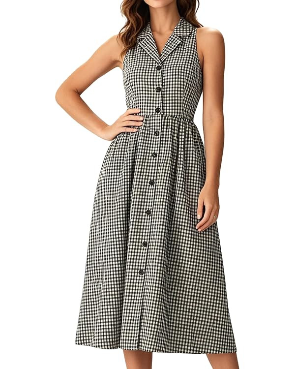 RIHOAS Women's Plaid Dress Halter Neck Button Up Midi A Line Dress Office Work Dress | Amazon (US)