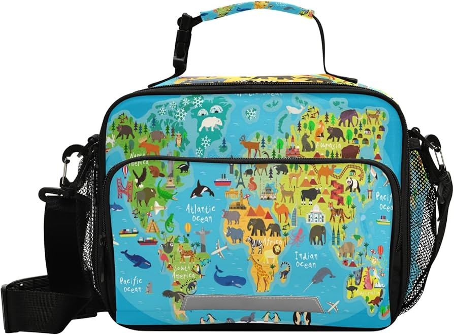 Kids Animal World Map Lunch Box Reusable Insulated School Lunch Bag Cooler Cooling Lunch Tote Bag... | Amazon (US)