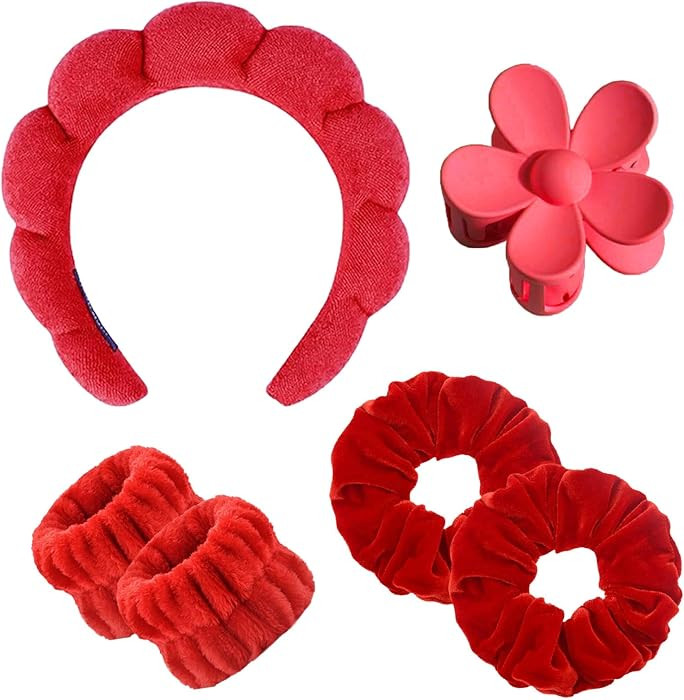 6PCS Skincare Headbands for Women Red Spa Makeup Headband Set, Large Flower Hair Claw Clip, Velve... | Amazon (US)