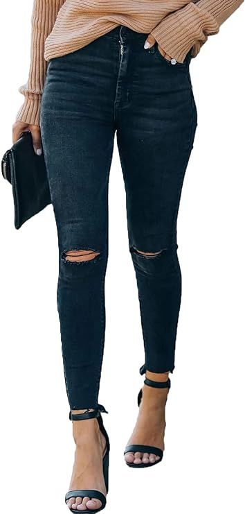 Allimy Women's High Rise Skinny Stretch Ripped Jeans High Waisted Destroyed Denim Pants | Amazon (US)