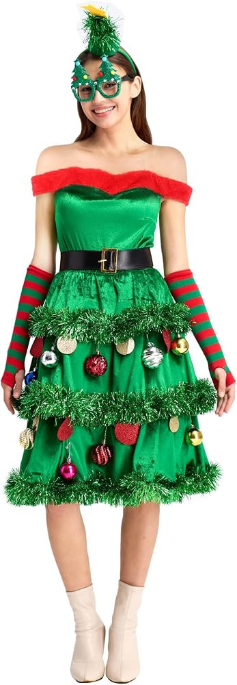 ADOMI 7 Pcs Christmas Tree Dress Costume Women Holiday Party Fun Green Outfit Xmas Tree Dress Set... | Amazon (US)
