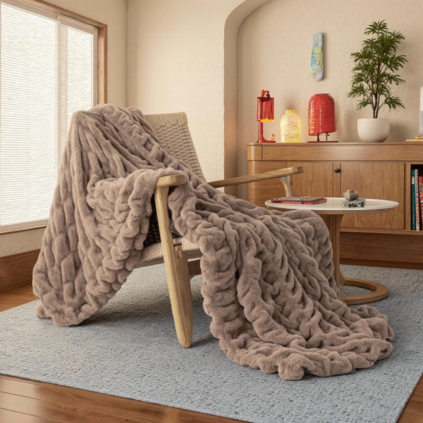 Sophia & William Brown Ruched Wavy Faux Fur Throw Blanket for Couch 50"×60" | Amazon (US)
