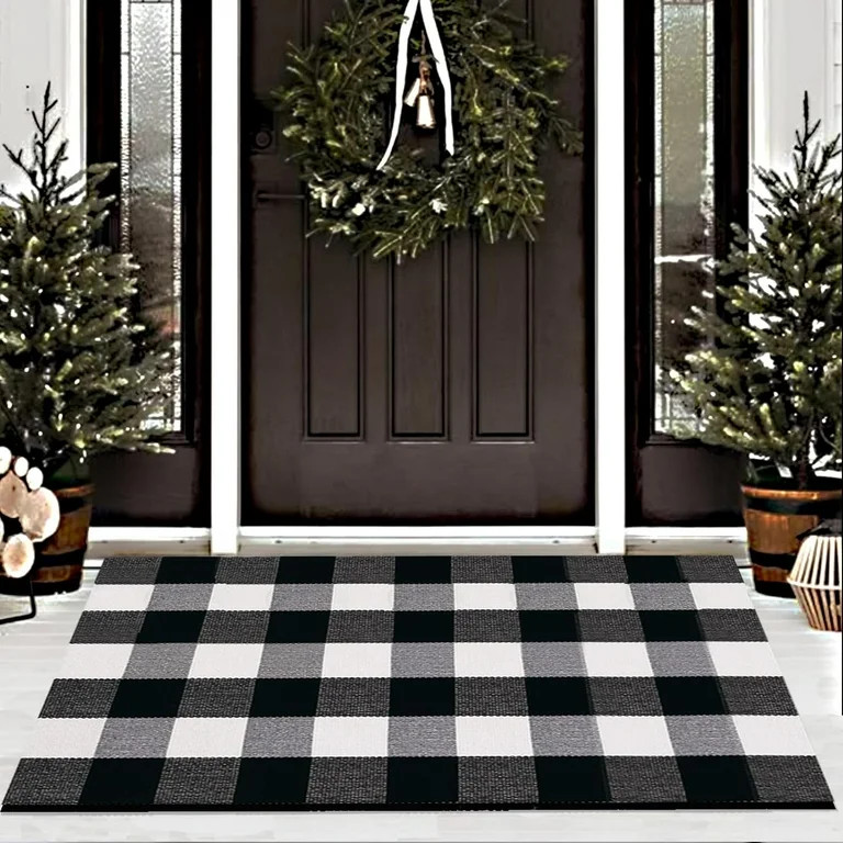 Buffalo Plaid Checkered Rug - Door Mat Outdoor, Black and White Outdoor, Cotton Washable Front Do... | Walmart (US)