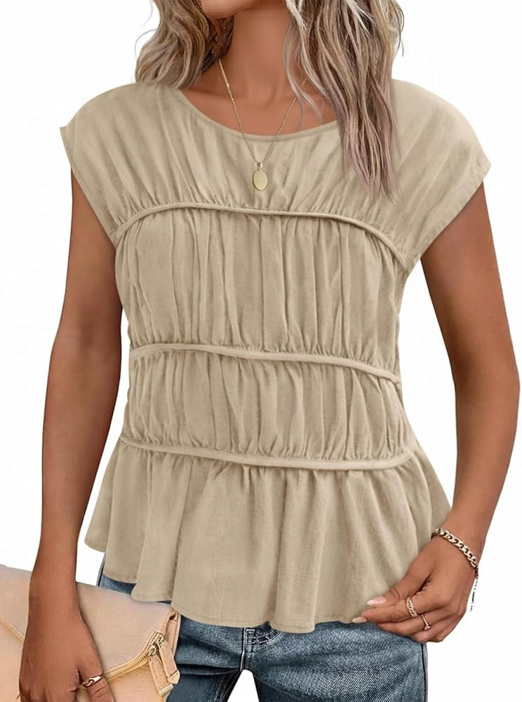 Cicy Bell Womens Cap Sleeve Peplum Tank Tops Summer Babydoll Smocked Cotton Shirts Casual Crew Ne... | Amazon (US)