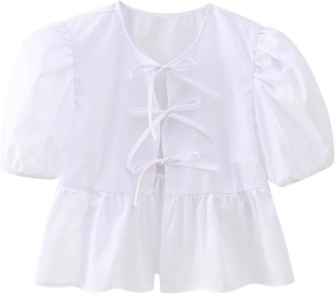Women Tie Front Peplum Shirt Y2k Puff Sleeve Bow Tie Blouse Cute Ruffle Hem Babydoll Top Summer S... | Amazon (US)