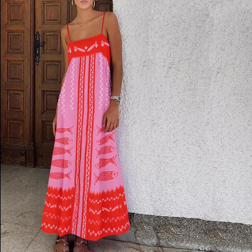 Juakoso Women Boho Graphic Maxi Dress Spaghetti Strap Square Neck Long Flowy Dress Summer Graffit... | Amazon (US)