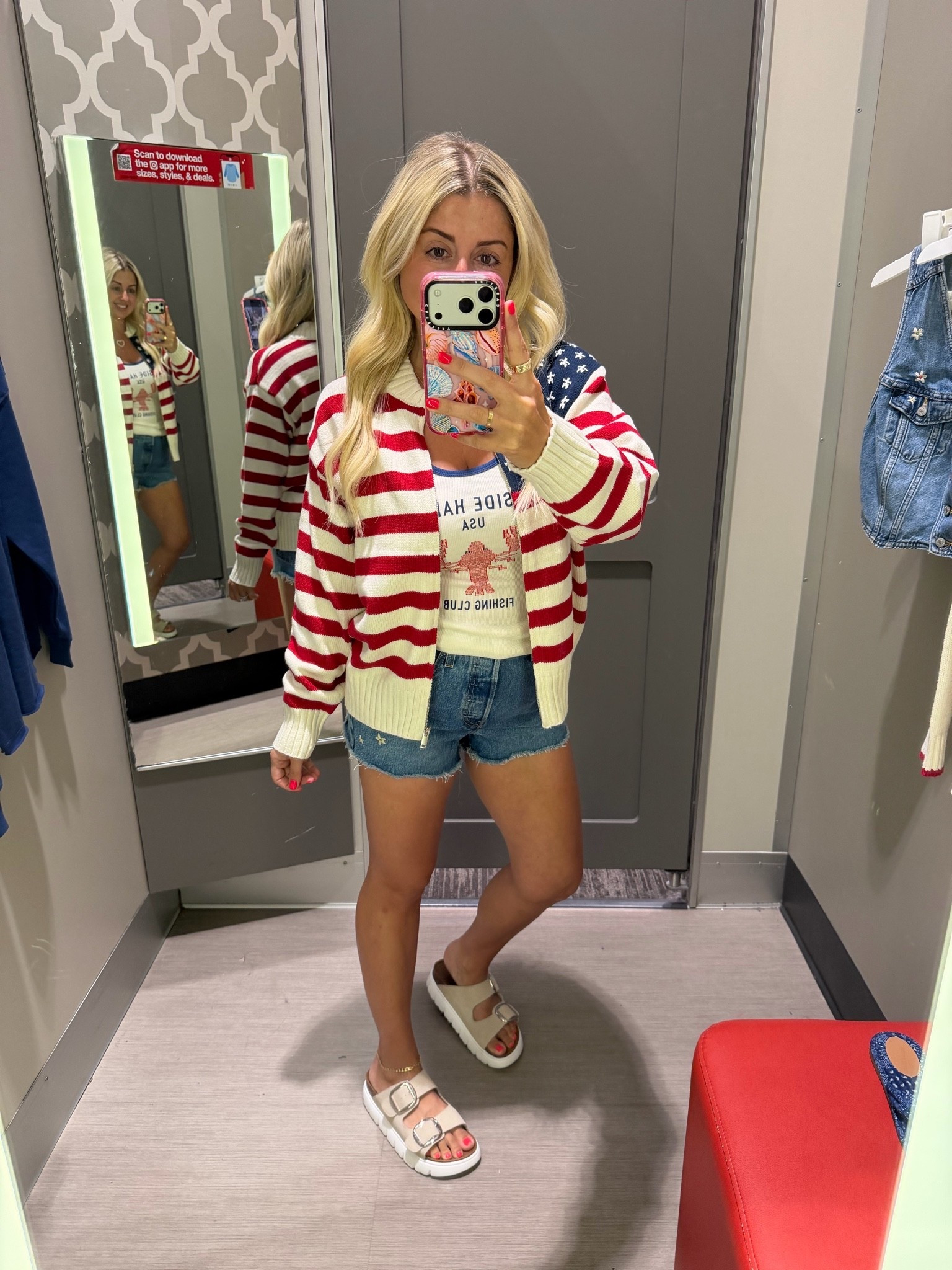 Red, white and blue outfit
M cardigan 
Xs tank
Denim shorts 27
Sandals tts