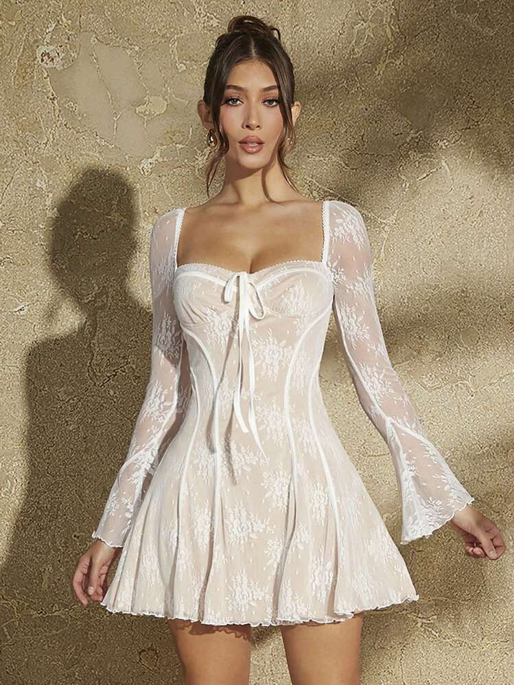SHEIN BAE Lace Bustier Style Ruffled Trim Pleated Women's Dress Summer Outfits For Women/Spring Clothes/Valentine Day Outfit/Carnival/Beach Vacation Outfits Nashville Outfits,White Graduation Dress | SHEIN