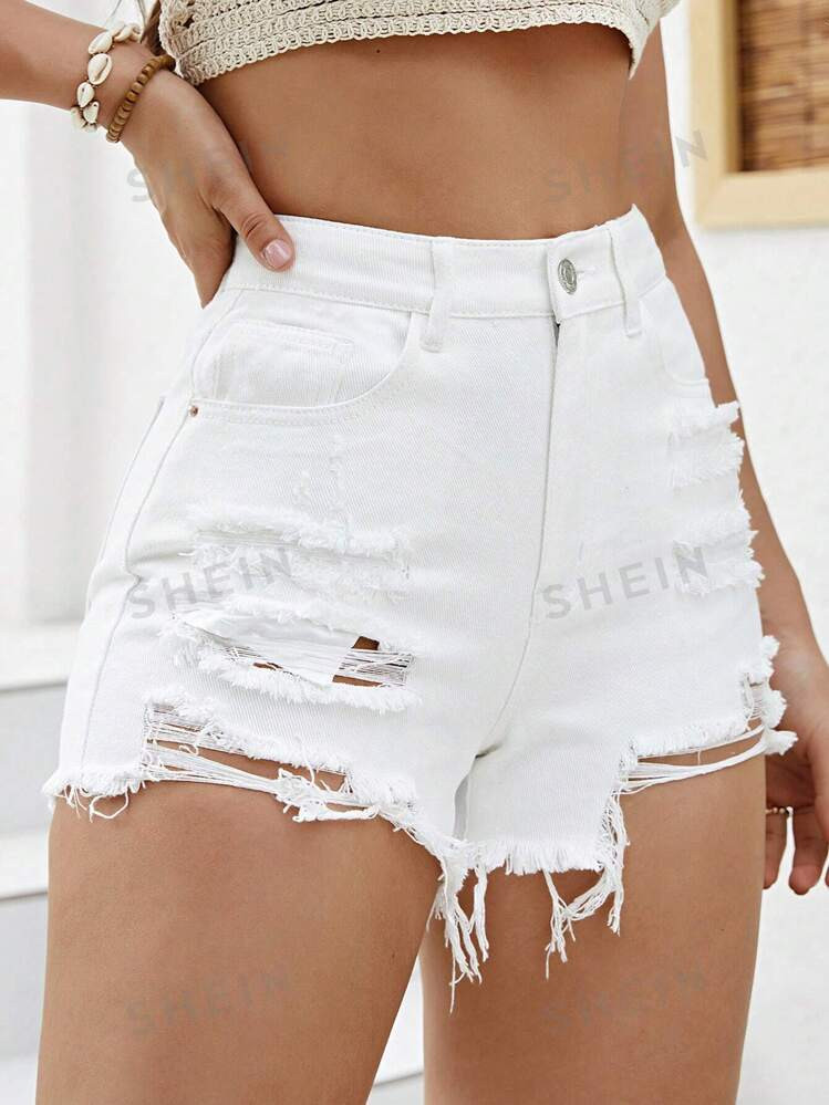 SHEIN EZwear Ripped Raw Hem Denim Shorts | SHEIN