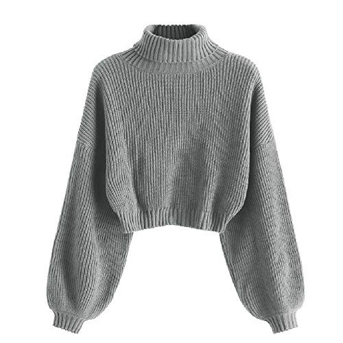 ZAFUL Women's Pullover Sweater Drop Shoulder Plain Knitted Cropped Sweater Pullover High Neckline Solid Long Sleeve Cropped Top(Medium,Turtlecollar-Gray) | Amazon (US)