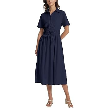 Ladyful Women Casual Button Down Short Sleeve Shirt Dress Tie Waist Midi Shirt Dress Elegant Busi... | Amazon (US)