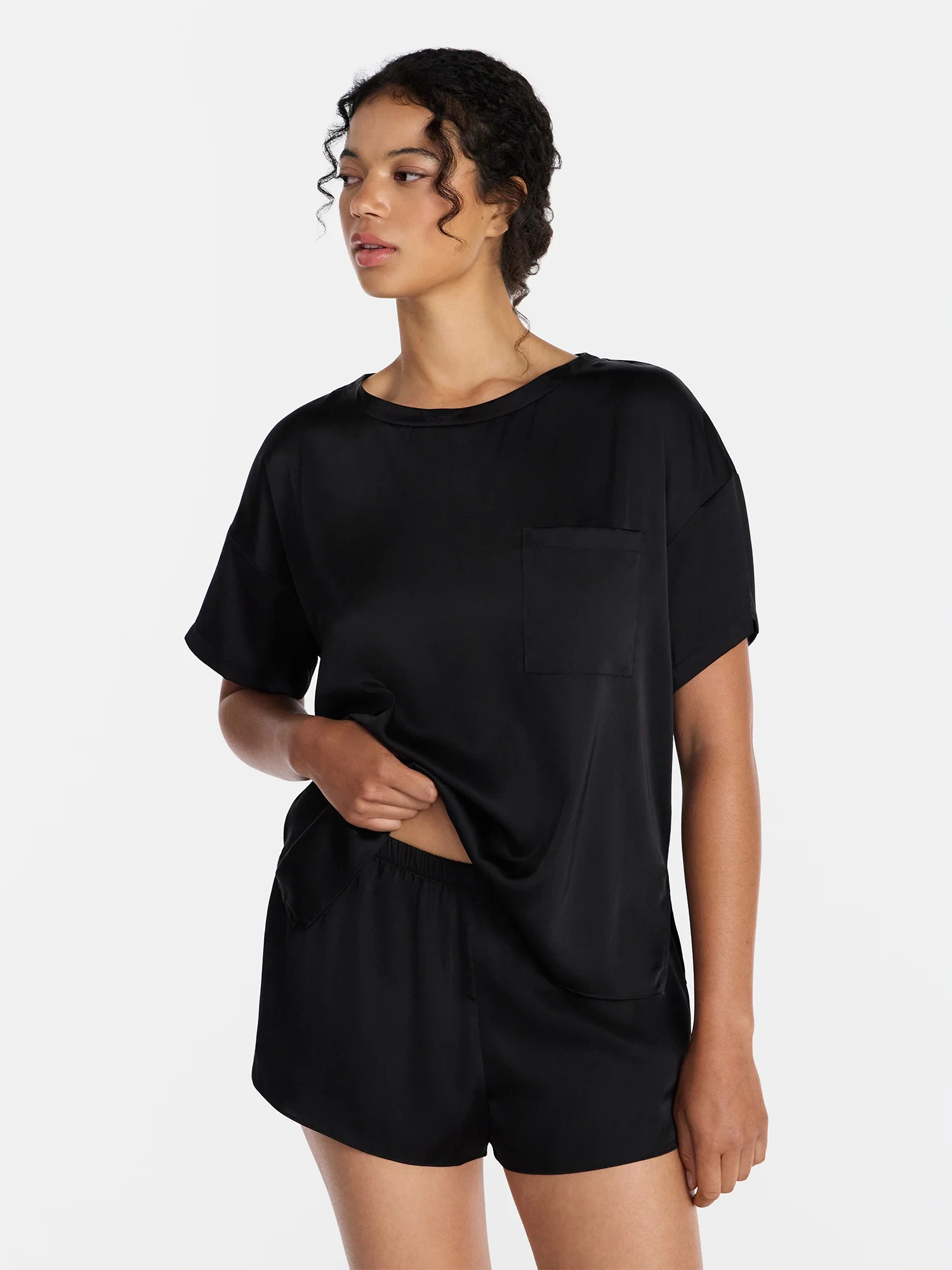 Joyspun Women’s Short Sleeve Stretch Satin Top and Shorts Pajama Set, 2-Piece, Sizes XS-3X | Walmart (US)