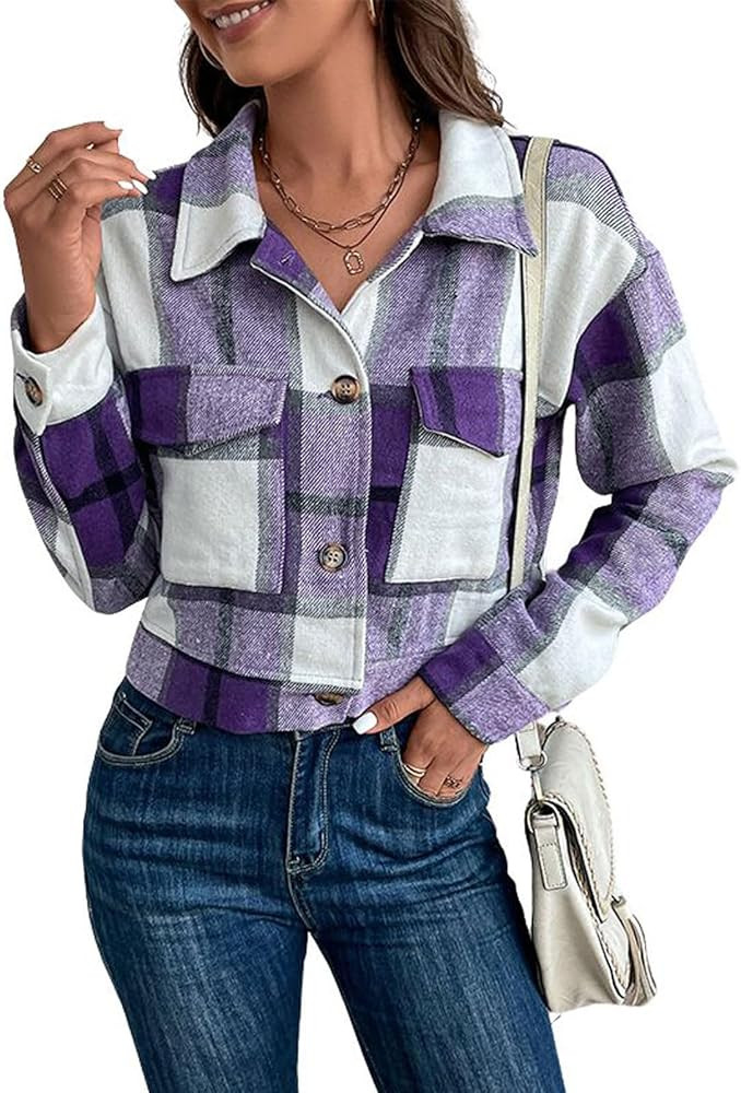 utcoco Womens Cropped Plaid Shacket Jacket Button Down Long Sleeve Flannel Shirts 2024 Fall Coat ... | Amazon (US)