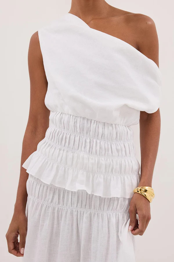 MAIA WHITE SLEEVELESS LINEN SHIRRED TOP | DISSH