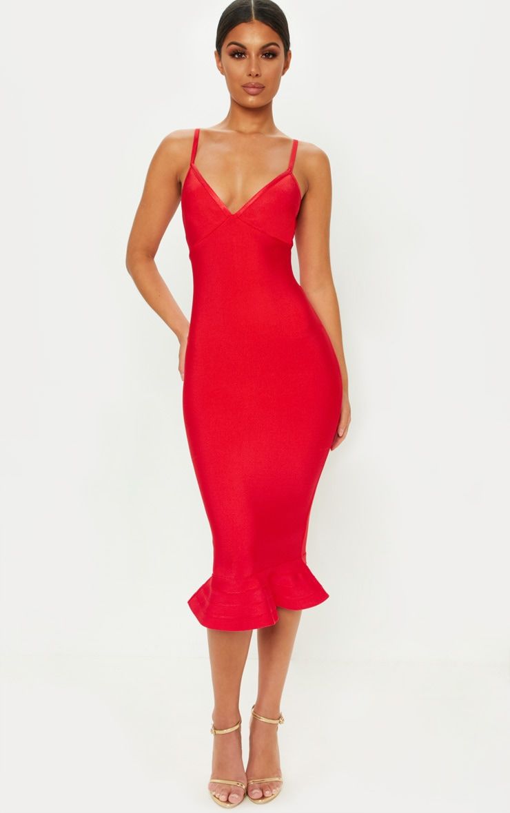 Red Bandage Strappy Frill Hem Midi Dress | PrettyLittleThing US