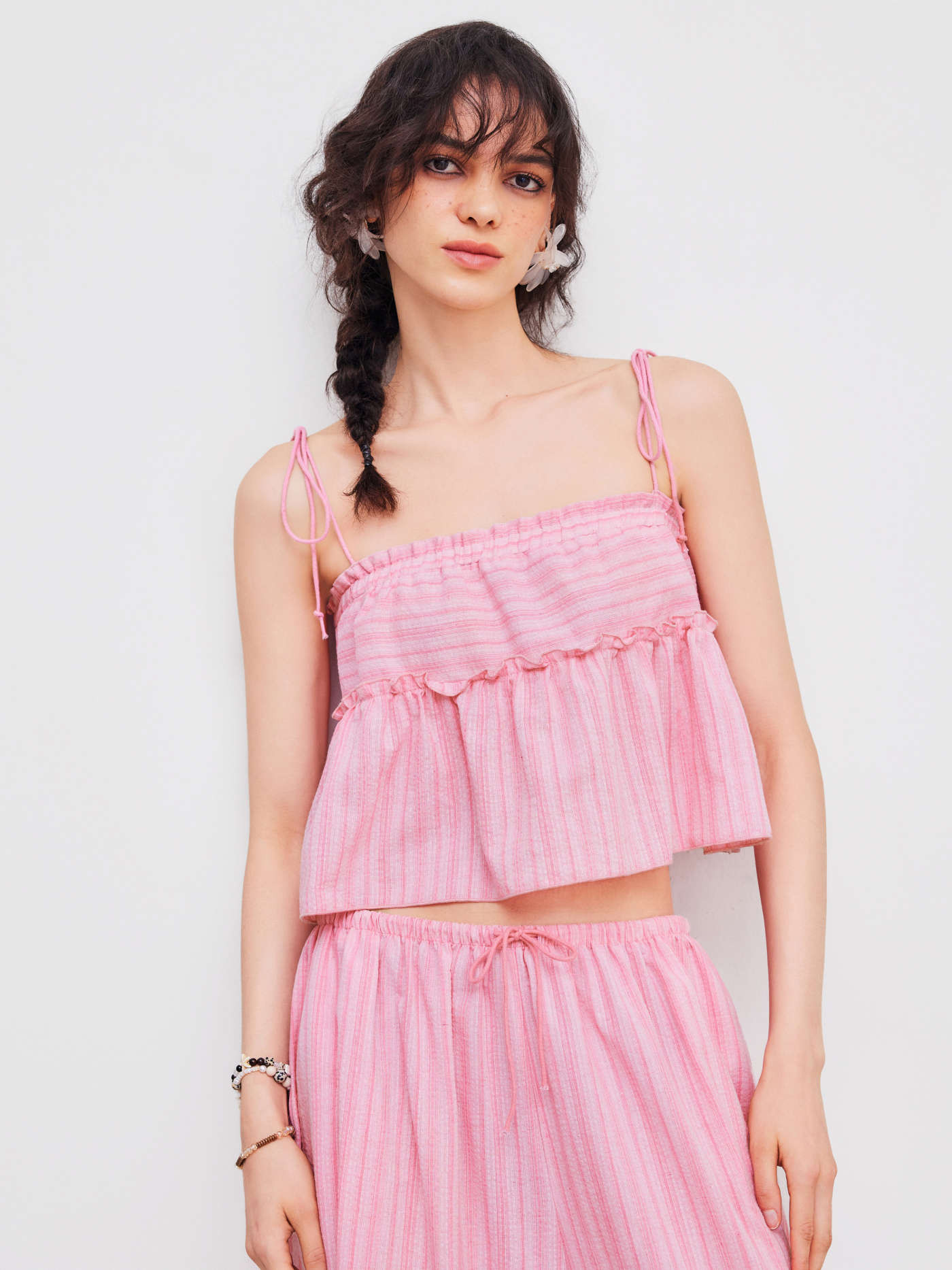 Woven Square Neck Striped Lettuce Trim Knotted Cami Top | Cider