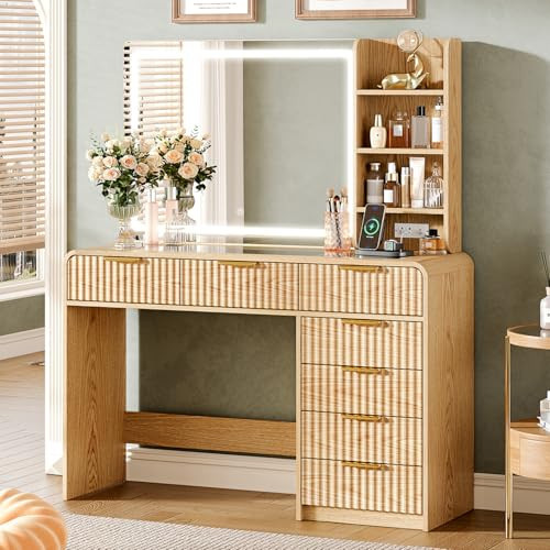 47“Makeup Vanity Desk with Mirror and Lights, Vanity Desk with 7 Drawers & Storage Shelves, Vanity Table with Power Outlet, 3 Color Modes & Adjustable Brightness Dressing Table, Bedroom,Wood | Amazon (US)