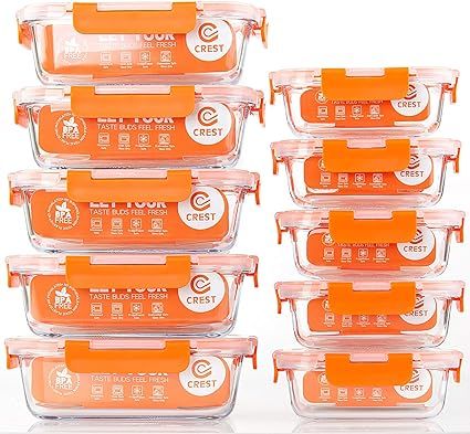 C CREST [10-Pack] Glass Food Storage Containers - Food Prep Containers with Lids - Microwave, Ove... | Amazon (US)