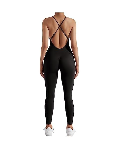 OMKAGI Women Strappy Backless One Piece Jumpsuits Seamless Tummy Control Workout Romper | Amazon (US)