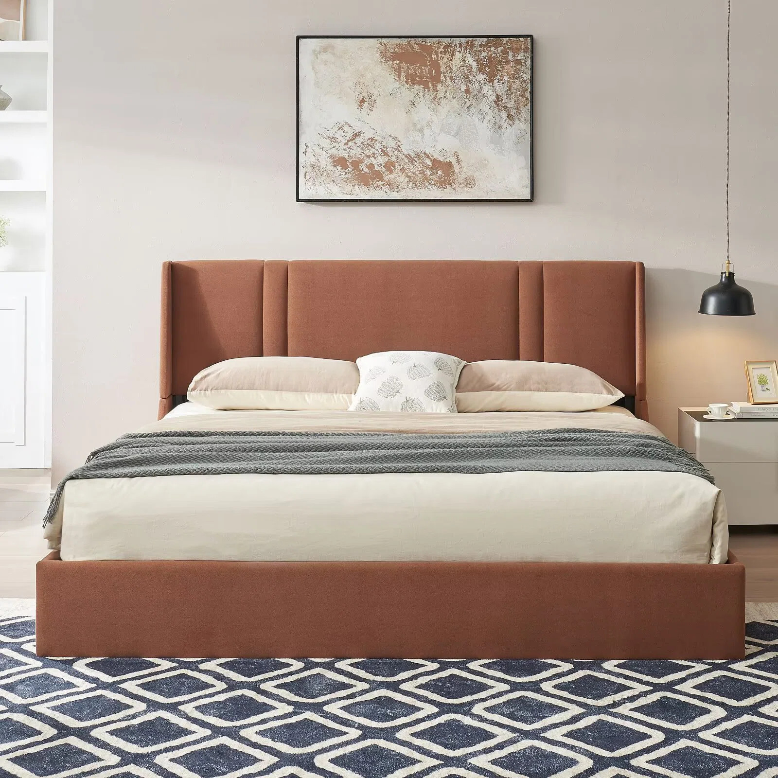 41.7" Velvet Curved Wingback King Bed Frame with Hydraulic Lift, No Box Spring Needed, Ocher | Wayfair North America