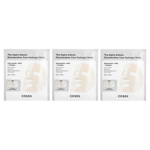 CosRx, The Alpha-Arbutin Discoloration Care Hydrogel Beauty Mask, 3 Sheets, 1.19 oz (34 g) Each | iHerb